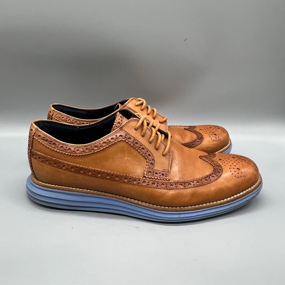 Cole Haan Shoes Mens 9 Brown Leather Lunargrand Wingtip Oxford Brogue Blue Sole